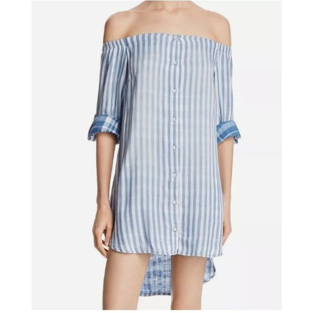 Cloth & Stone Off Shoulder Shirt Dress‎ Womens S Petite Blue White Stripe Casual